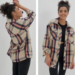 AERIE OFFLINE Flannel Button Down Jacket Shacket In Soft Oat Navy Orange Size XS